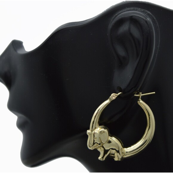 Real 10K Solid Yellow Gold Shiny 30mm Lucky Elephant Shape Hoop Earrings 3.4gr